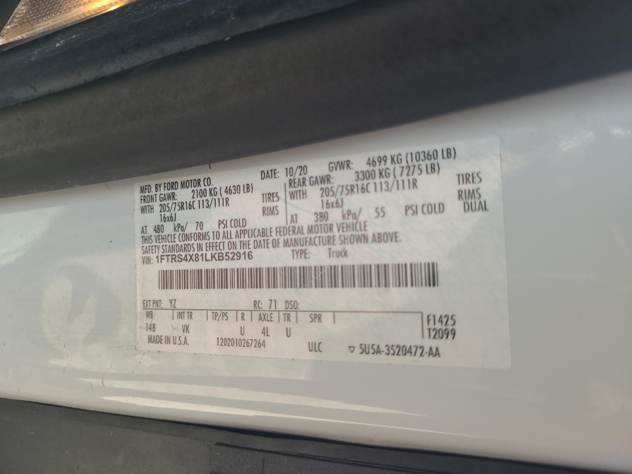 1FTRS4X81LKB52916 FORD TRANSIT 2020