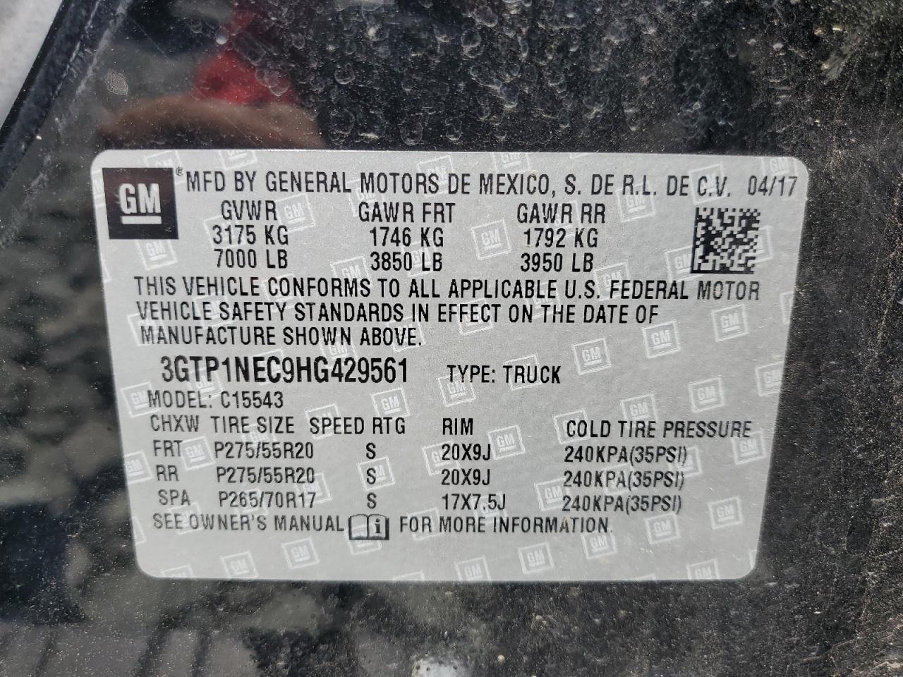 2017 GMC Sierra C1500 Slt VIN: 3GTP1NEC9HG429561 Lot: 50710105