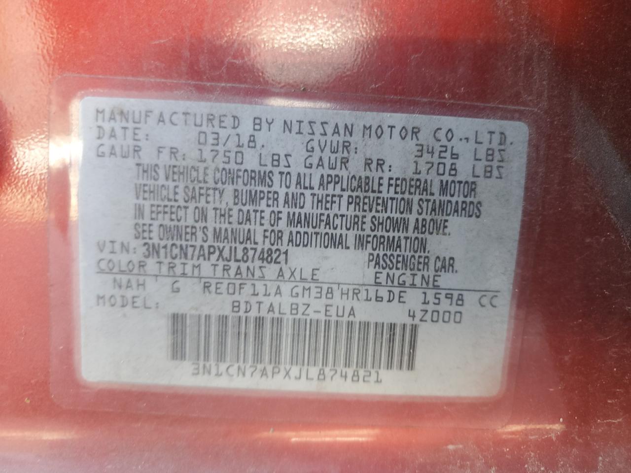 3N1CN7APXJL874821 NISSAN VERSA 2018