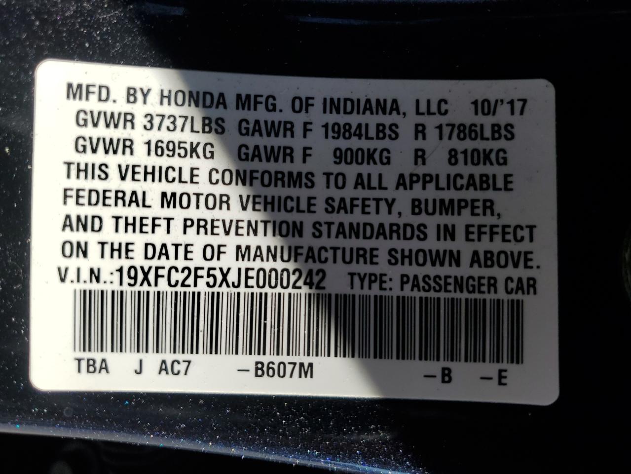 19XFC2F5XJE000242 HONDA CIVIC 2018