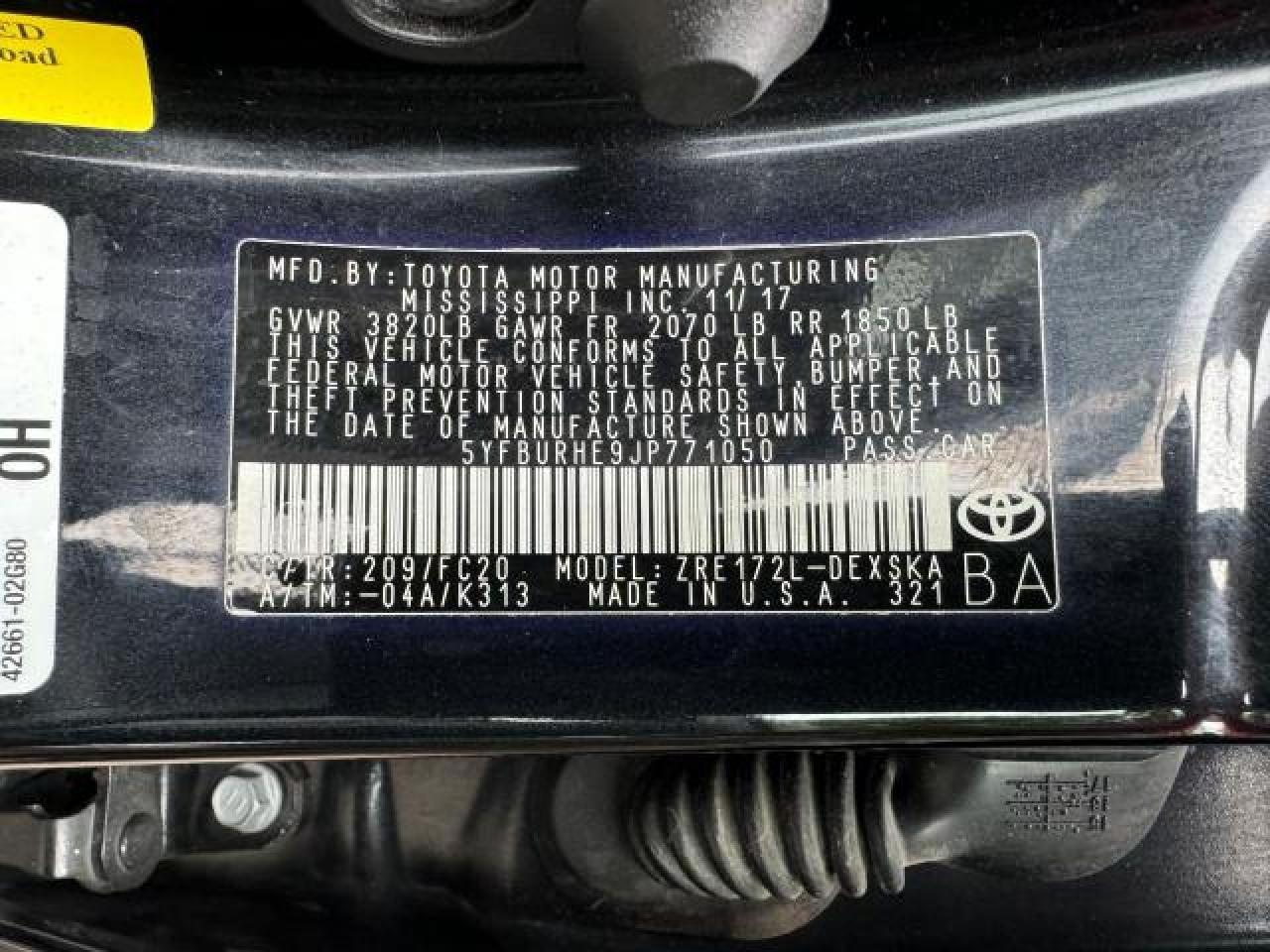 5YFBURHE9JP771050 TOYOTA COROLLA 2018