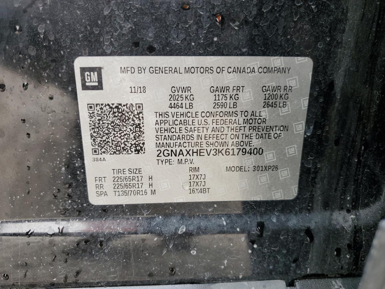 2GNAXHEV3K6179400 CHEVROLET EQUINOX 2019