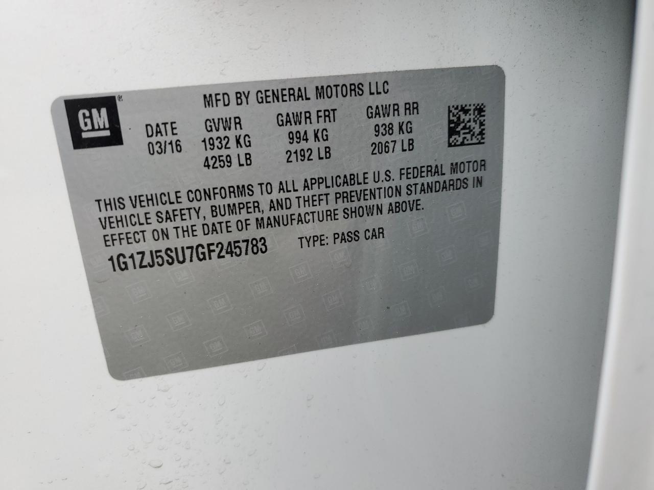 1G1ZJ5SU7GF245783 CHEVROLET MALIBU 2016