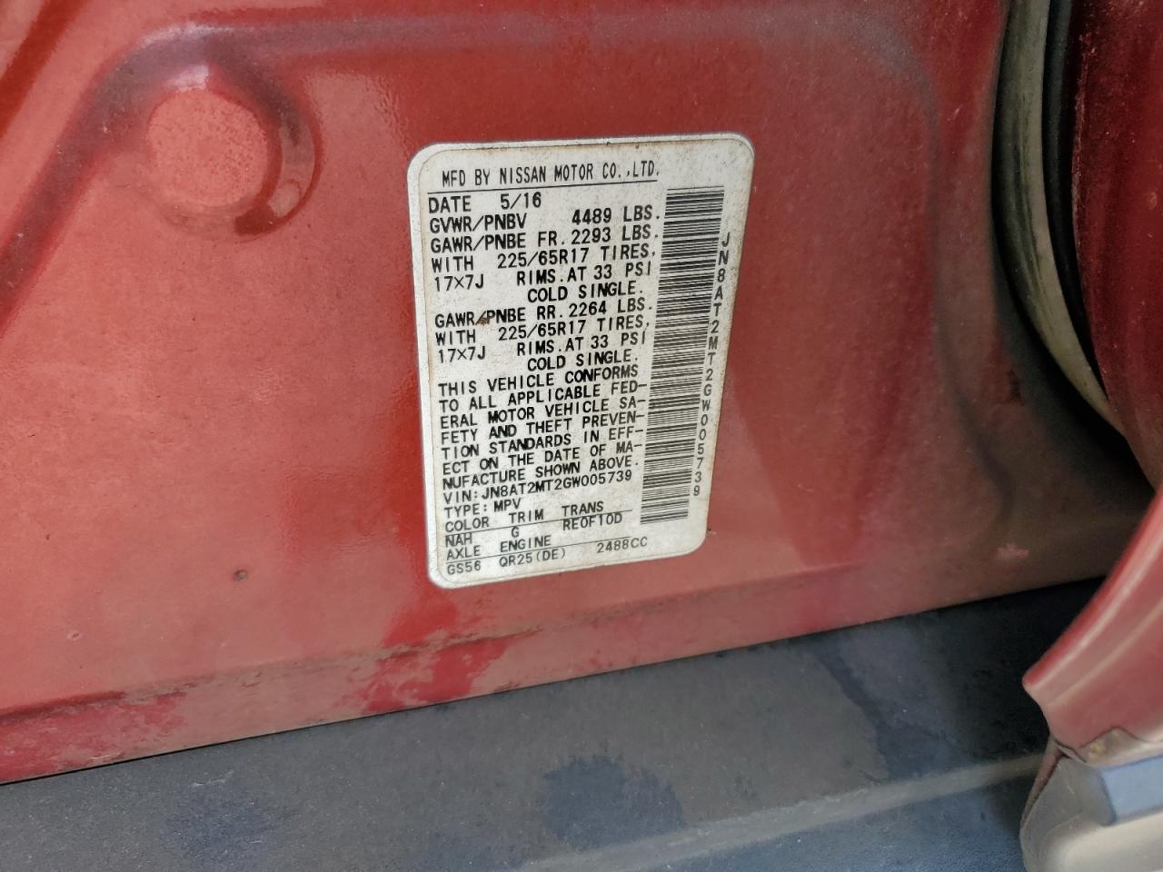 JN8AT2MT2GW005739 NISSAN ROGUE 2016