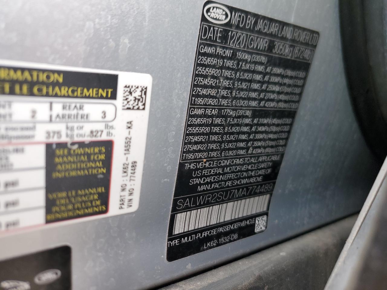 2021 Land Rover Range Rover Sport Hse Silver Edition VIN: SALWR2SU7MA774489 Lot: 48790215