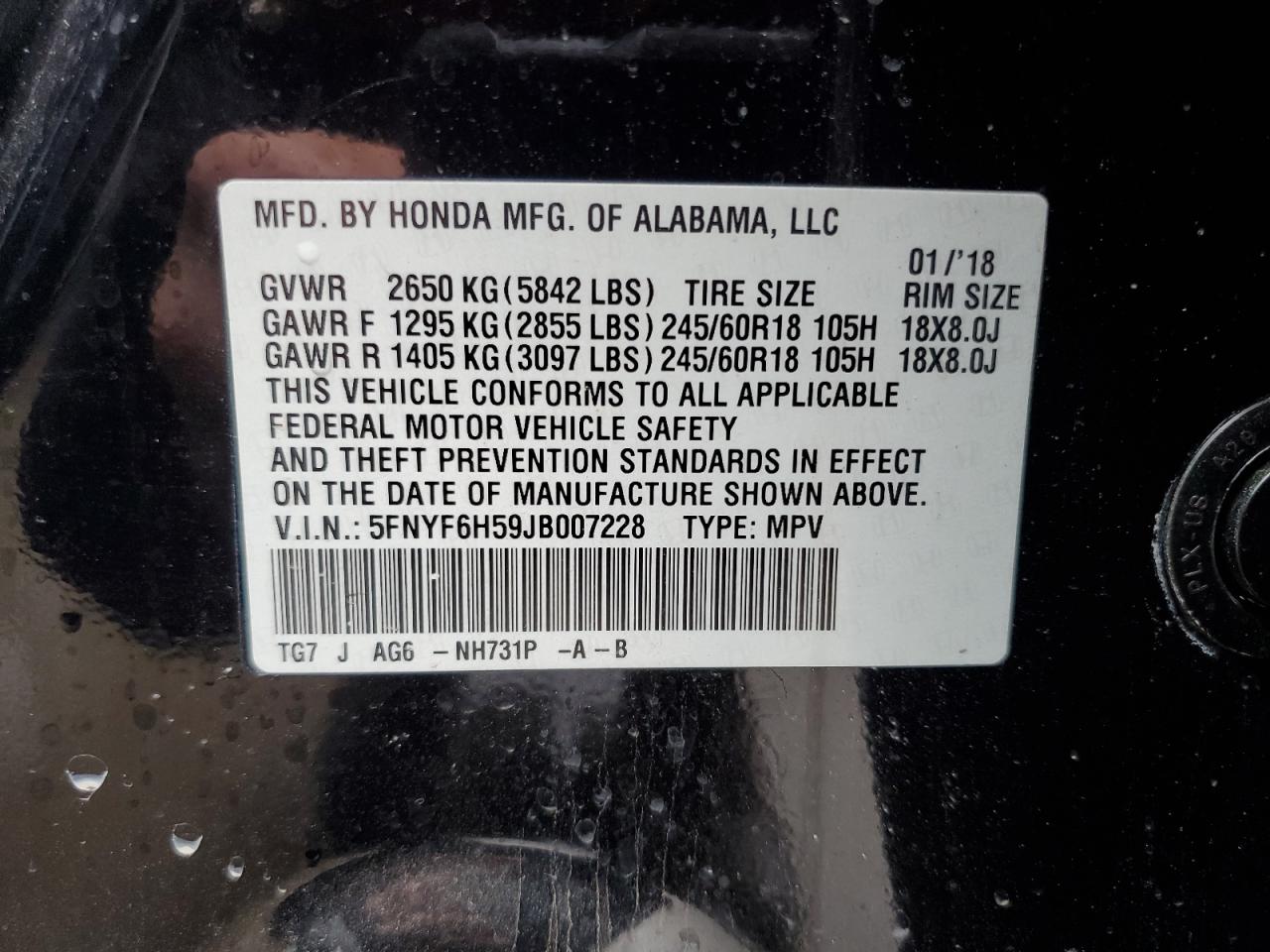 5FNYF6H59JB007228 HONDA PILOT 2018