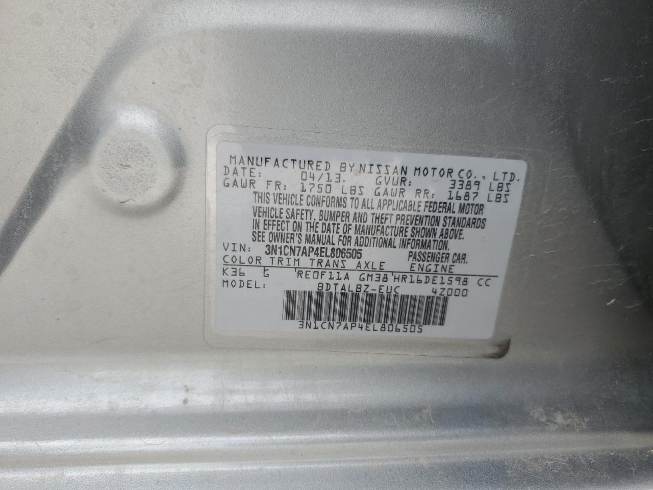 2014 Nissan Versa S VIN: 3N1CN7AP4EL806505 Lot: 49908165