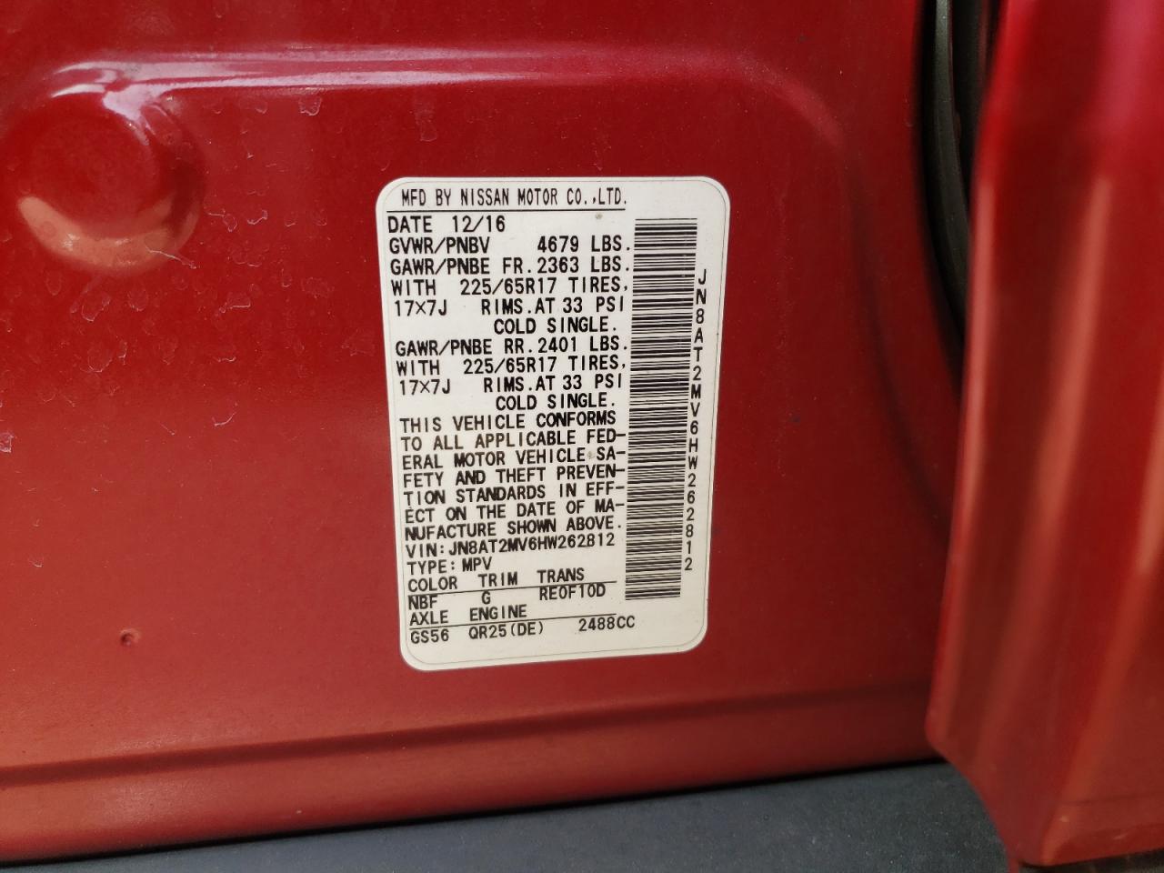 JN8AT2MV6HW262812 NISSAN ROGUE 2017