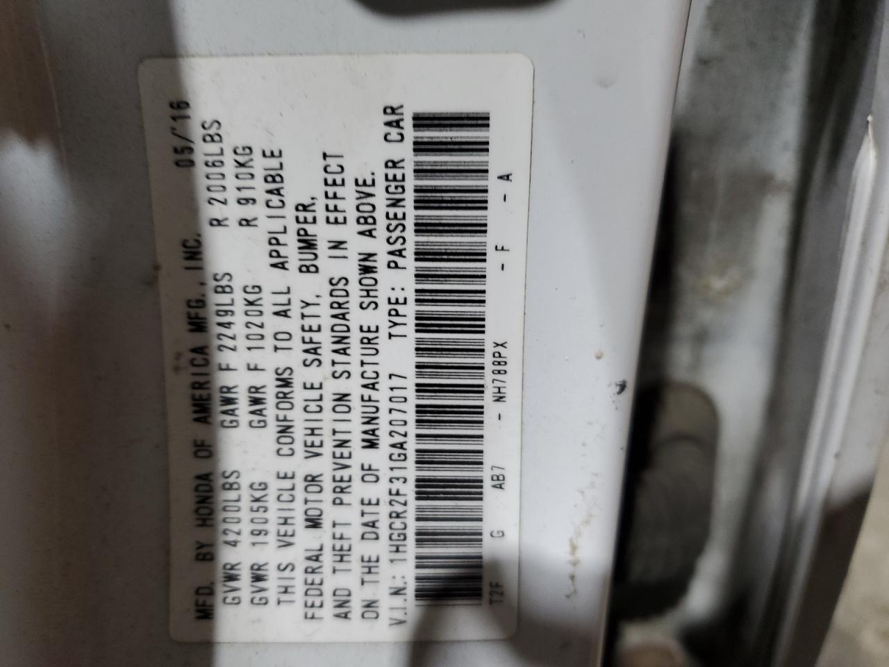 1HGCR2F31GA207017 HONDA ACCORD 2016