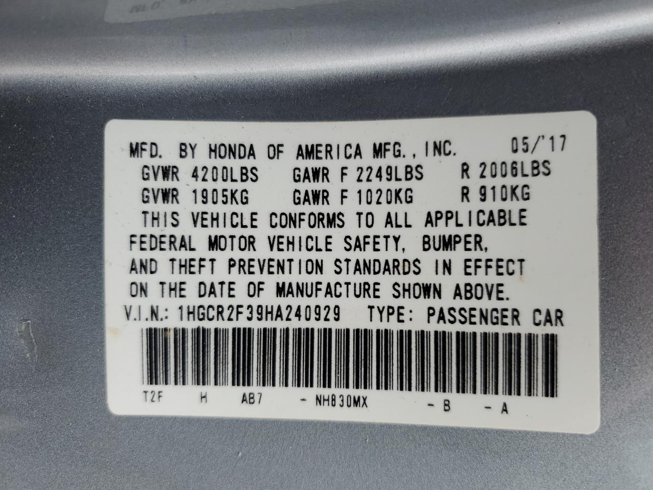 1HGCR2F39HA240929 HONDA ACCORD 2017