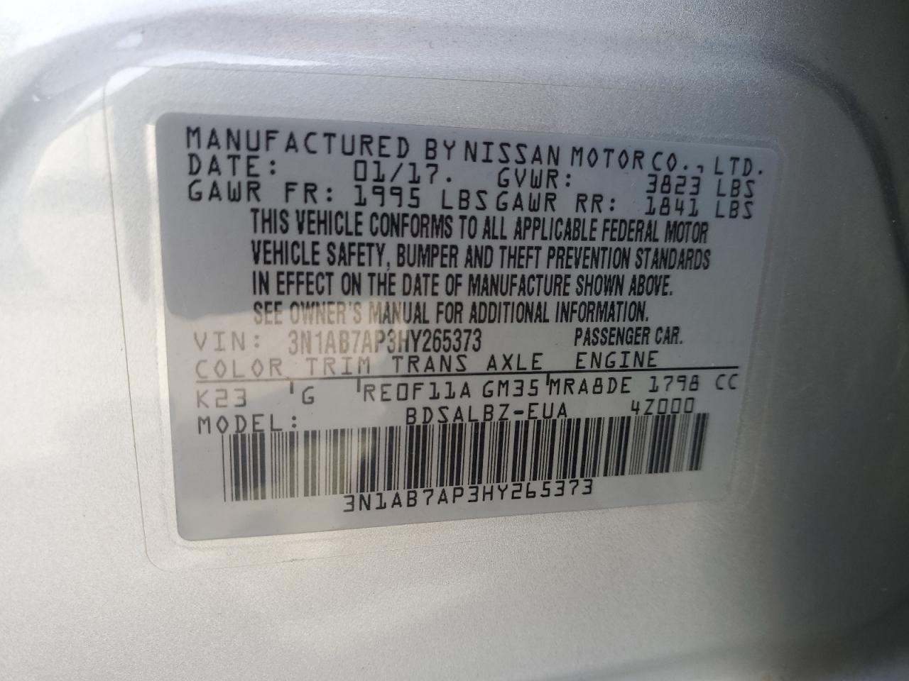 3N1AB7AP3HY265373 NISSAN SENTRA 2017