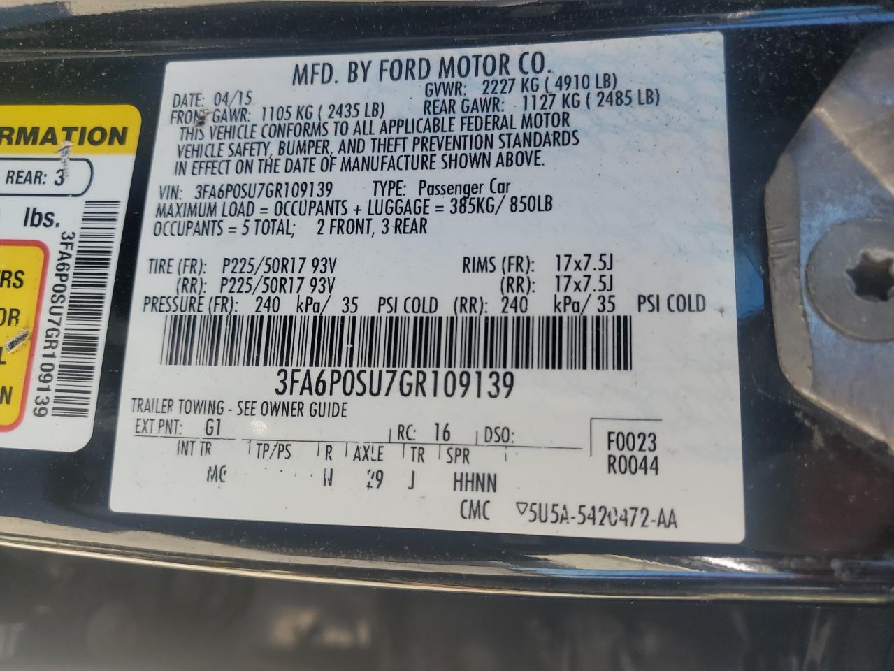 3FA6P0SU7GR109139 FORD FUSION 2016