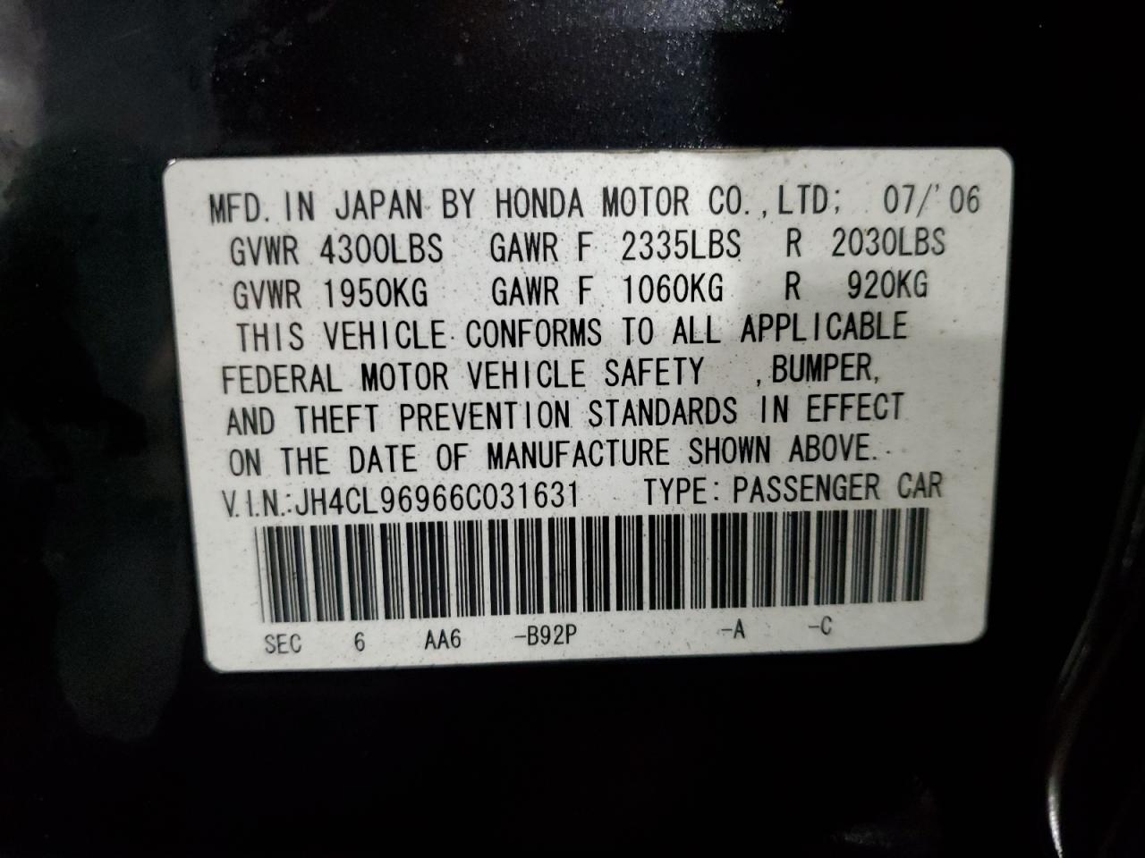 2006 Acura Tsx VIN: JH4CL96966C031631 Lot: 49187265