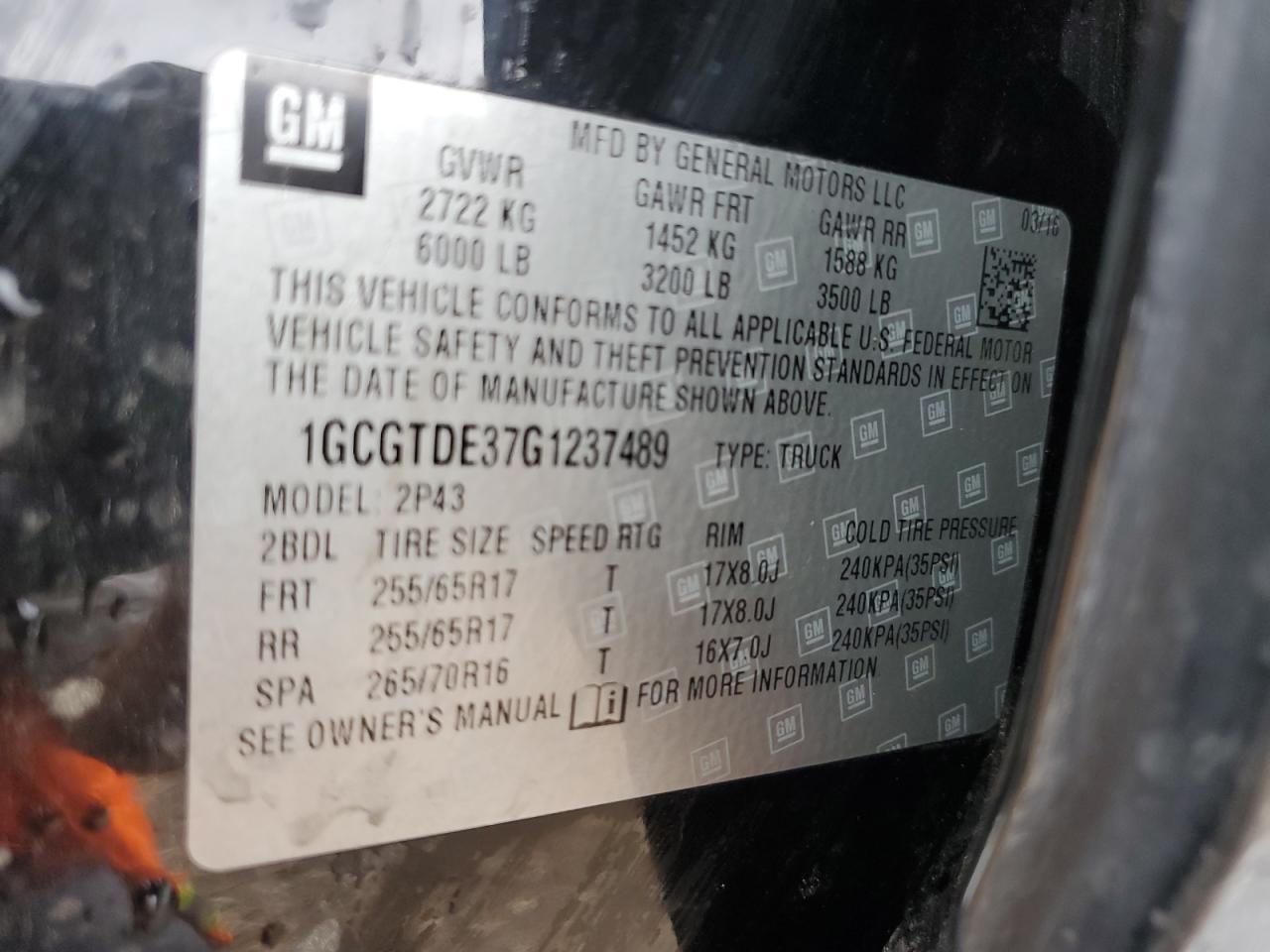 1GCGTDE37G1237489 CHEVROLET COLORADO 2016