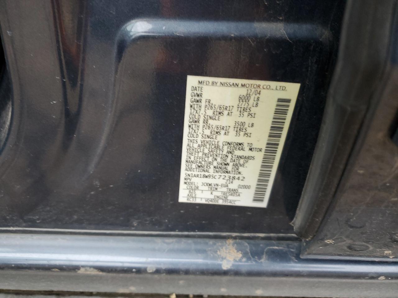 2005 Nissan Pathfinder Le VIN: 5N1AR18W95C723842 Lot: 63670995