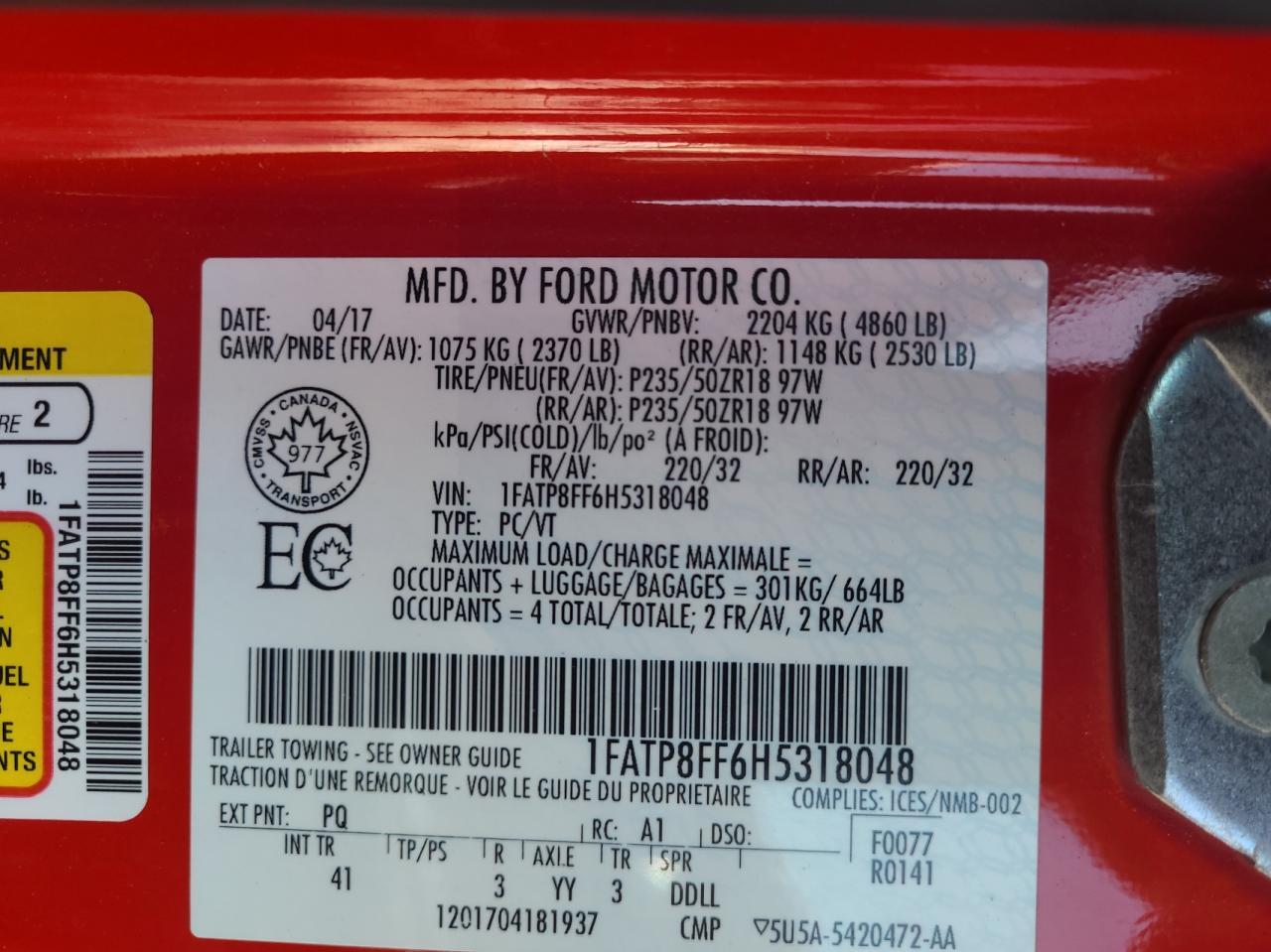 1FATP8FF6H5318048 FORD MUSTANG 2017