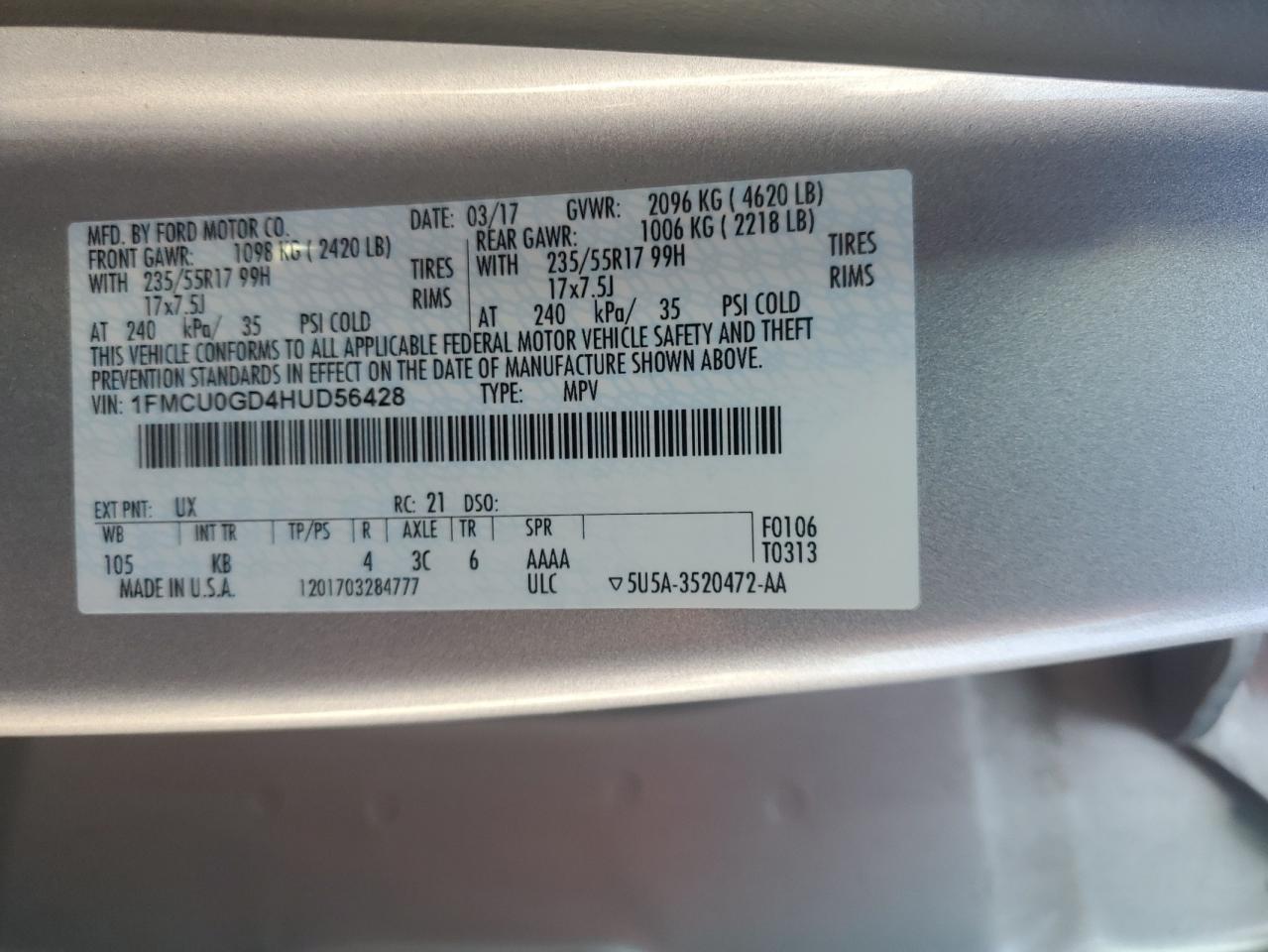 1FMCU0GD4HUD56428 FORD ESCAPE 2017