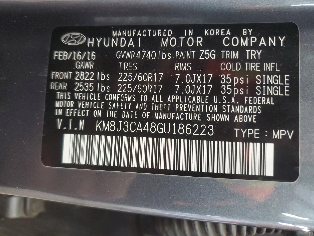 2016 Hyundai Tucson VIN: 186223 Lot: 50024645