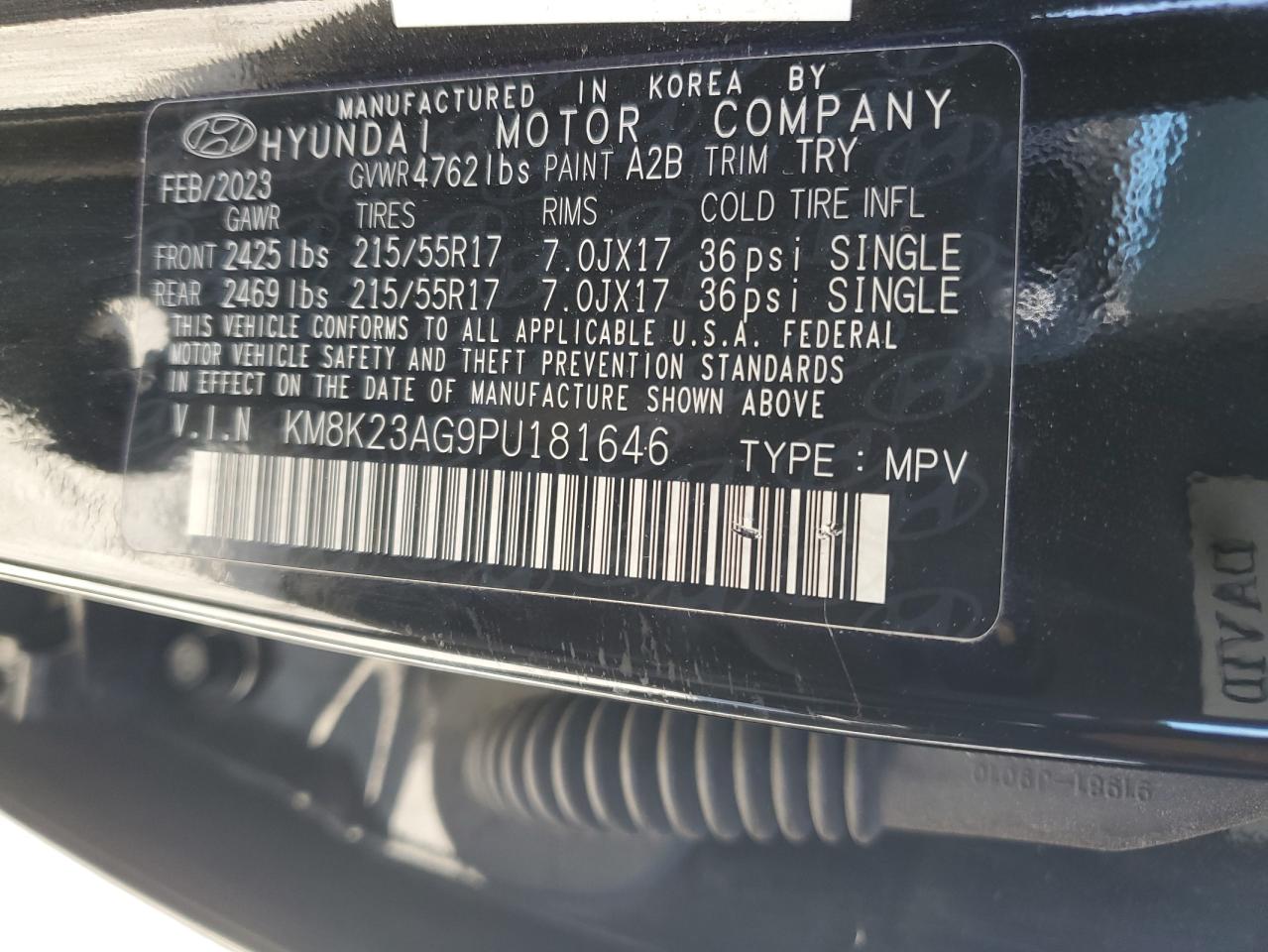 2023 Hyundai Kona Se VIN: KM8K23AG9PU181646 Lot: 48722575