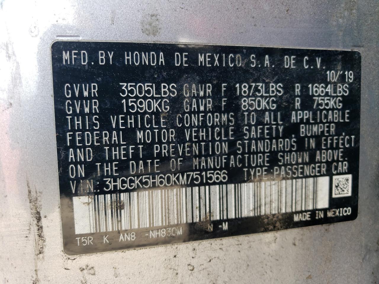 3HGGK5H60KM751566 HONDA FIT 2019