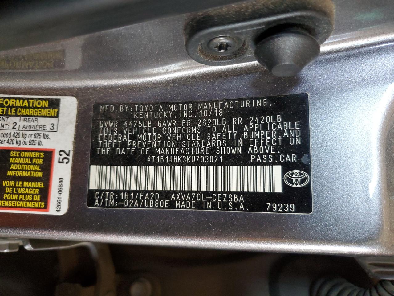 4T1B11HK3KU703021 TOYOTA CAMRY 2019