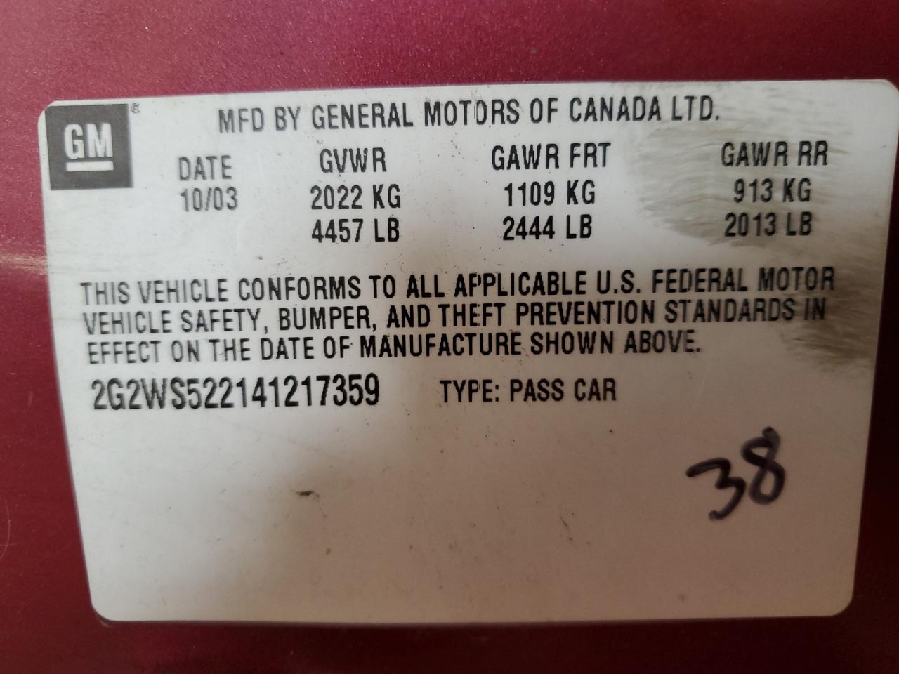 2004 Pontiac Grand Prix Gt2 VIN: 2G2WS522141217359 Lot: 49015255