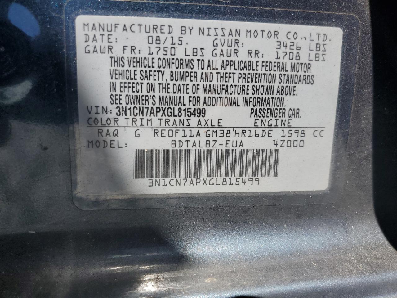3N1CN7APXGL815499 NISSAN VERSA 2016