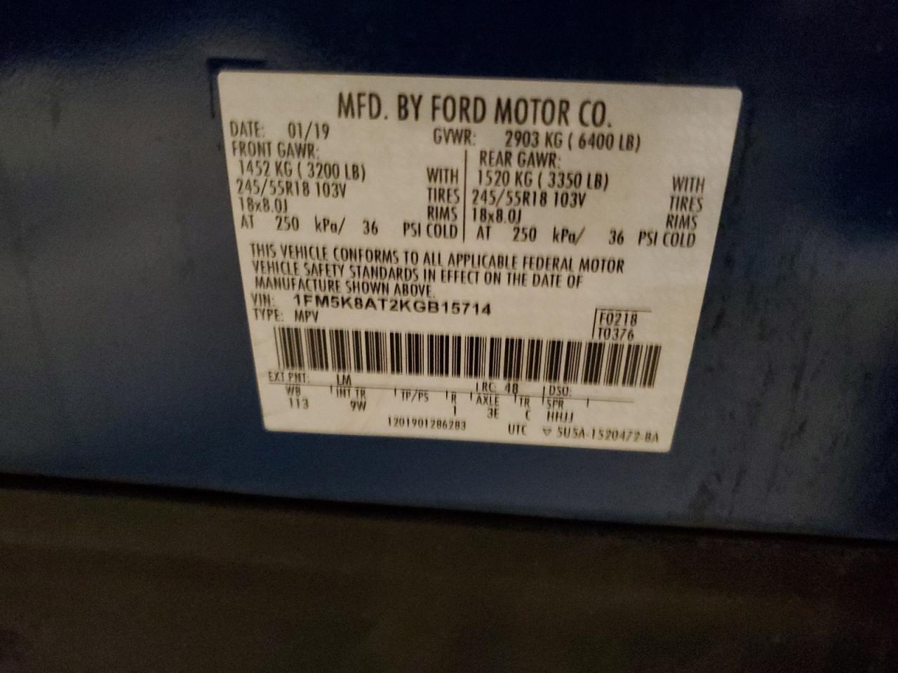 1FM5K8AT2KGB15714 FORD EXPLORER 2019