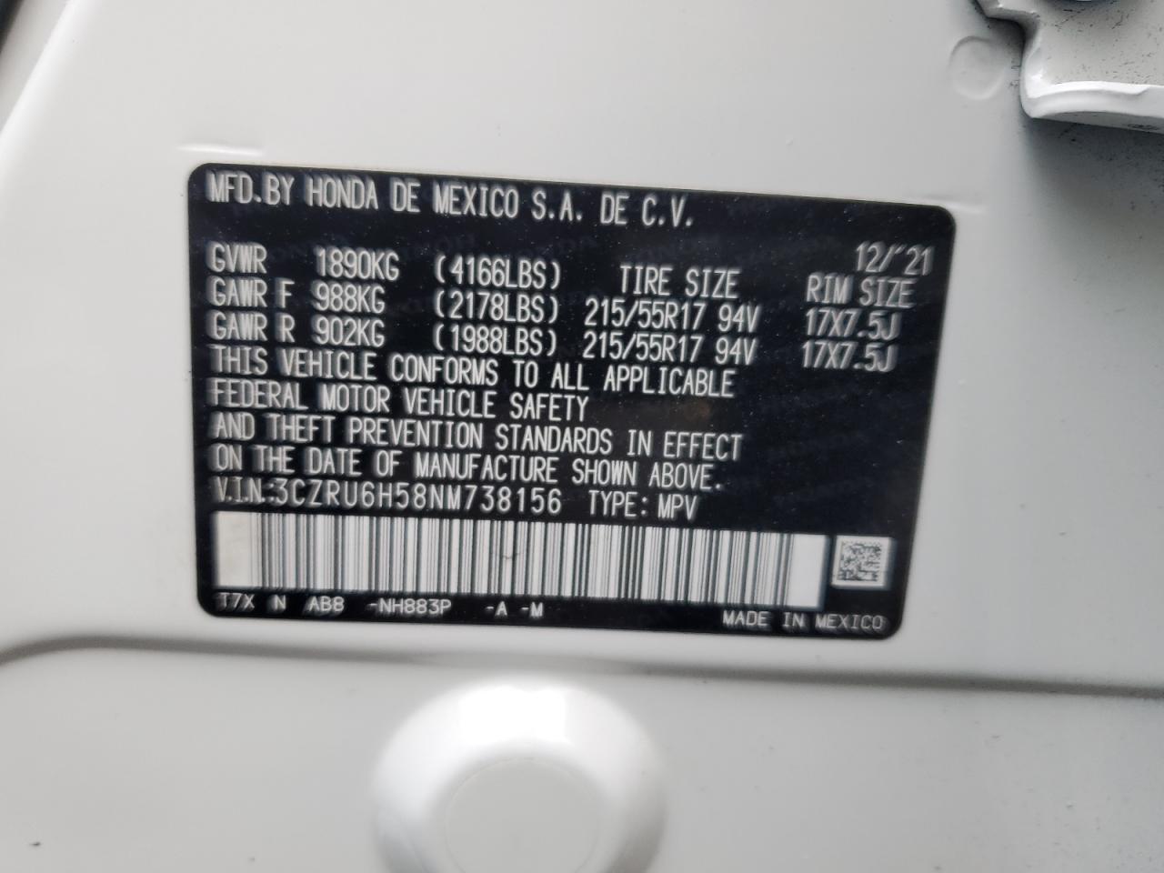 3CZRU6H58NM738156 HONDA HR-V 2022