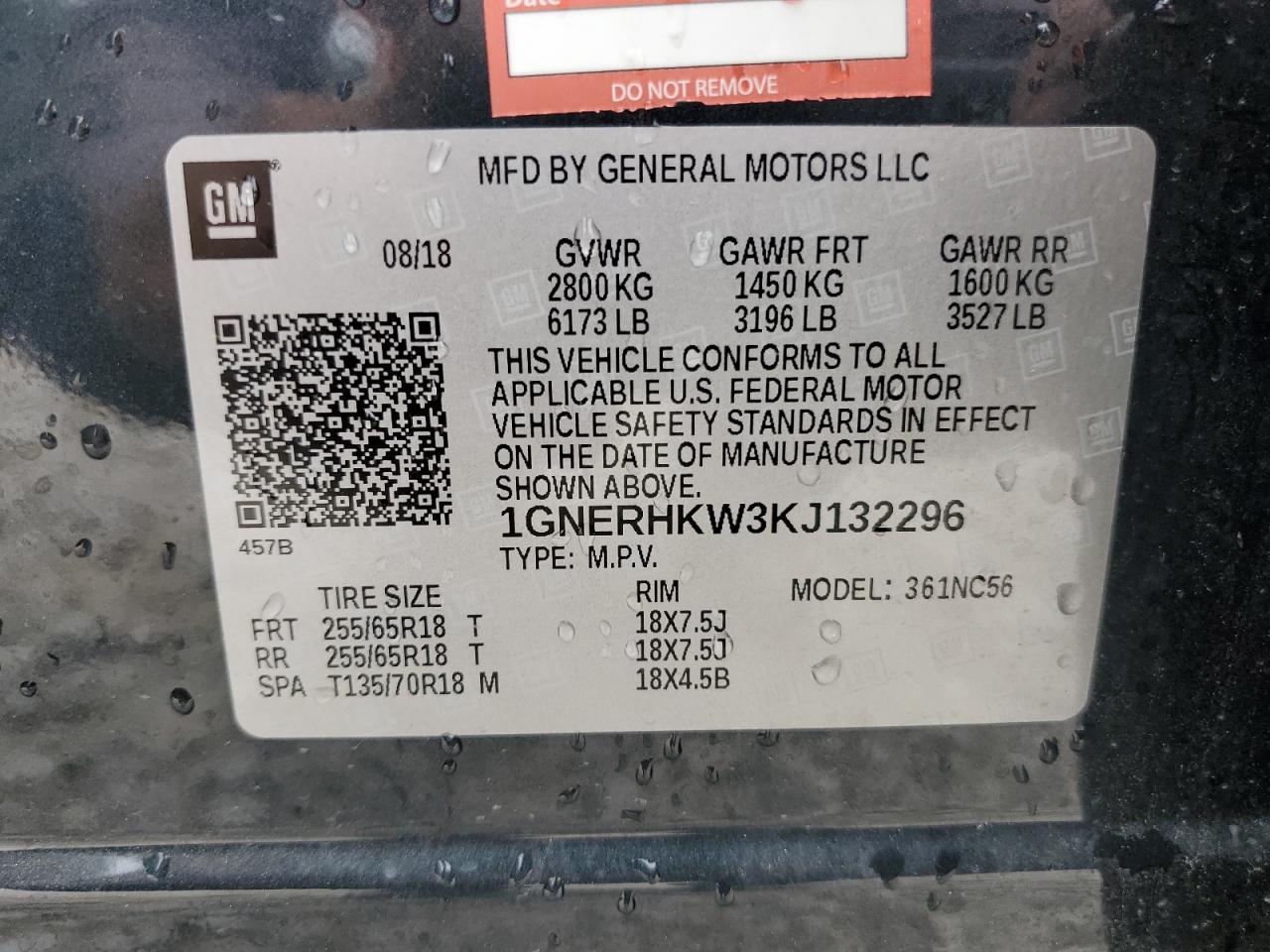 1GNERHKW3KJ132296 CHEVROLET TRAVERSE 2019