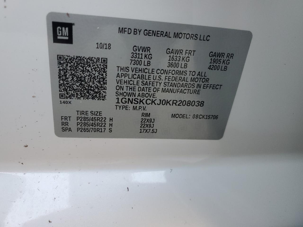 1GNSKCKJ0KR208038 CHEVROLET TAHOE 2019