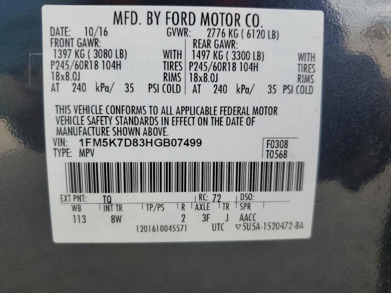 1FM5K7D83HGB07499 FORD EXPLORER 2017
