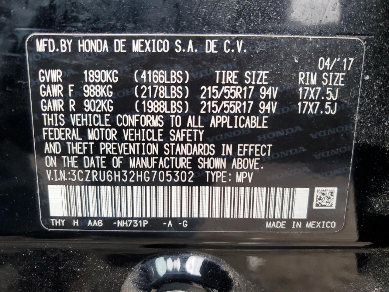 3CZRU6H32HG705302 HONDA HR-V 2017