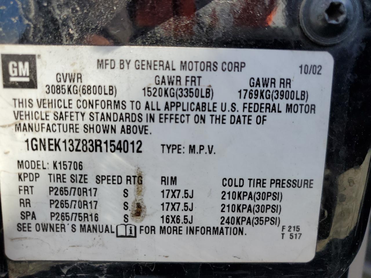 2003 Chevrolet Tahoe K1500 VIN: 1GNEK13Z83R154012 Lot: 46456605