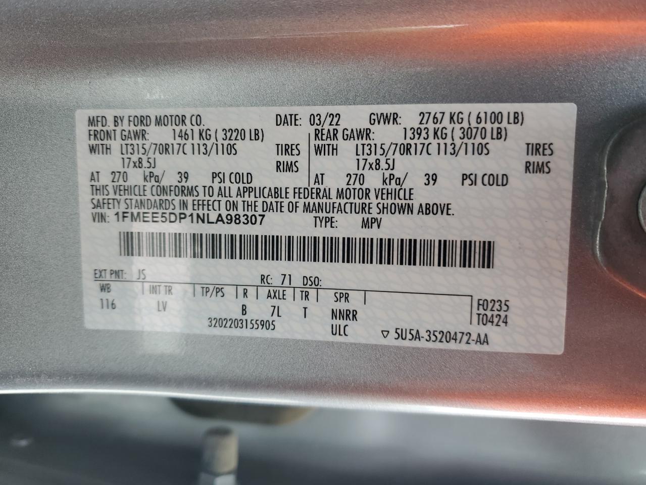 1FMEE5DP1NLA98307 FORD BRONCO 2022