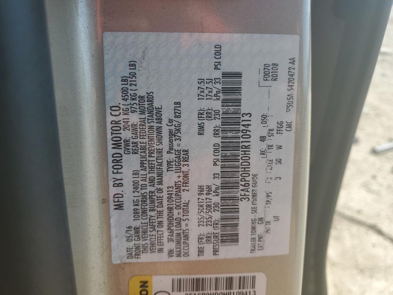 3FA6P0HD0HR109413 FORD FUSION 2017