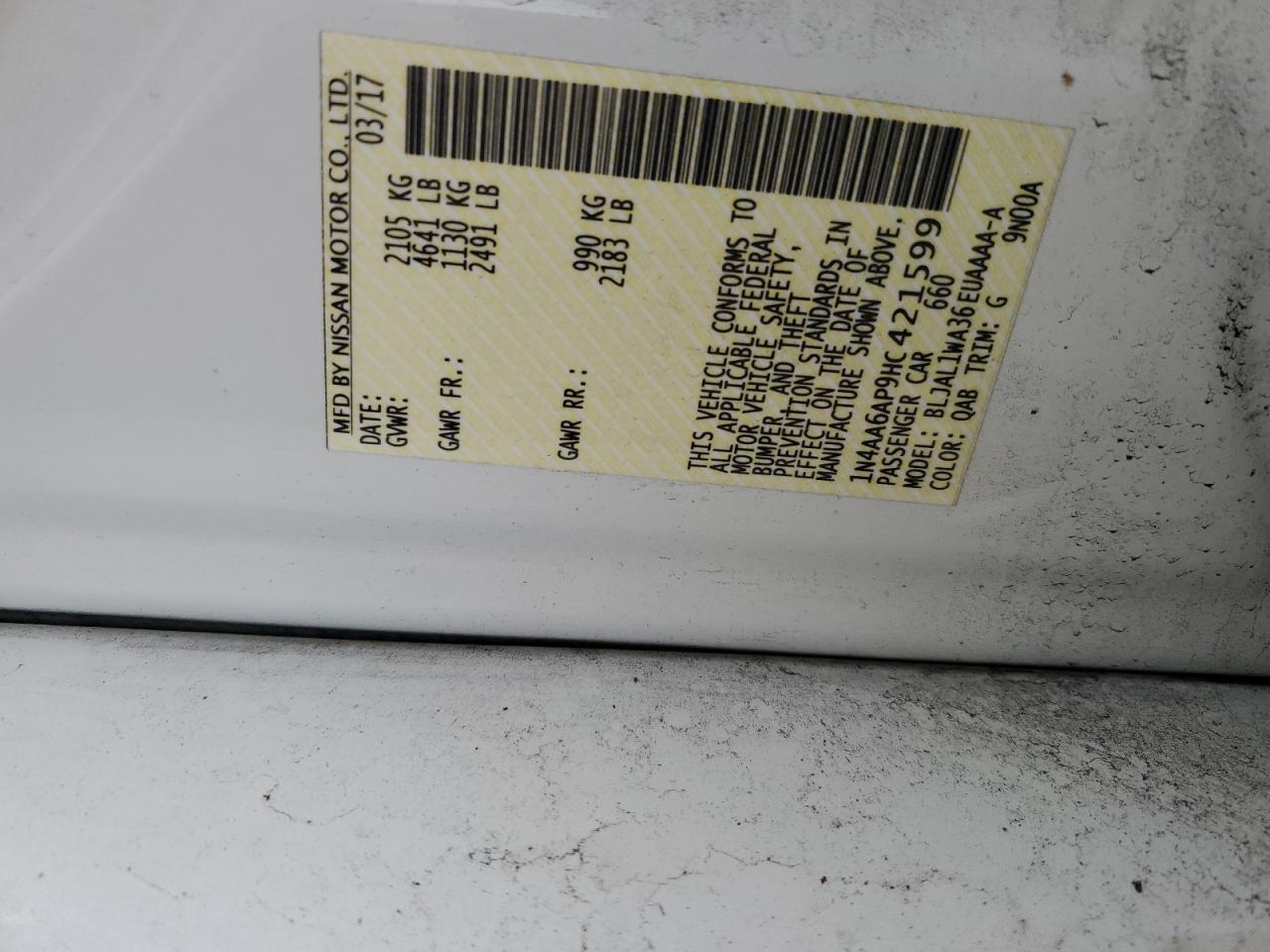1N4AA6AP9HC421599 NISSAN MAXIMA 2017