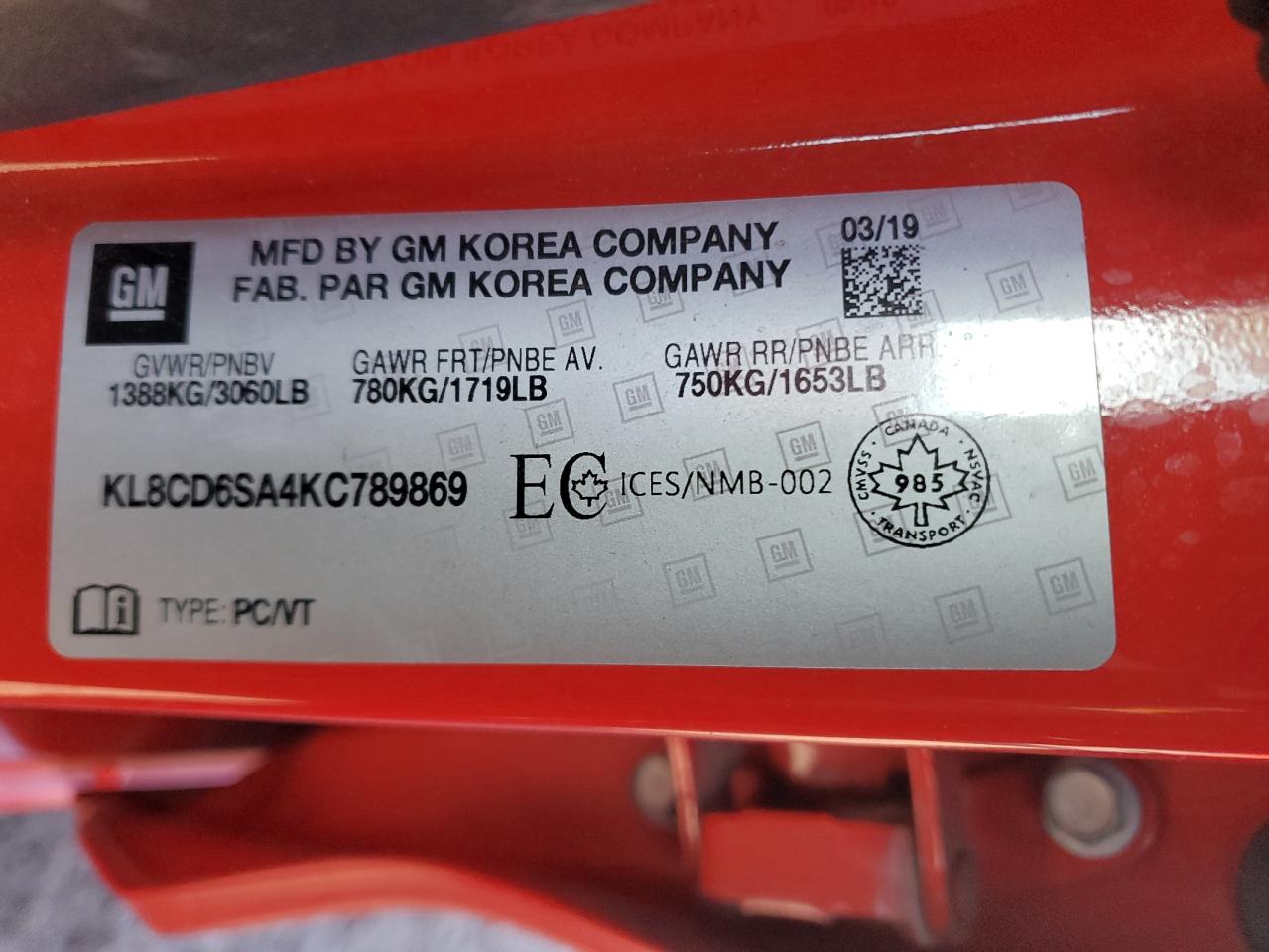 KL8CD6SA4KC789869 CHEVROLET SPARK 2019