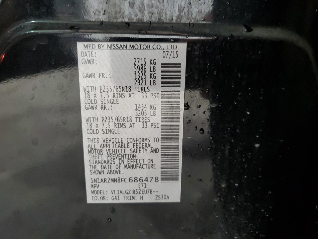 2015 Nissan Pathfinder S VIN: 5N1AR2MN8FC686478 Lot: 47874415