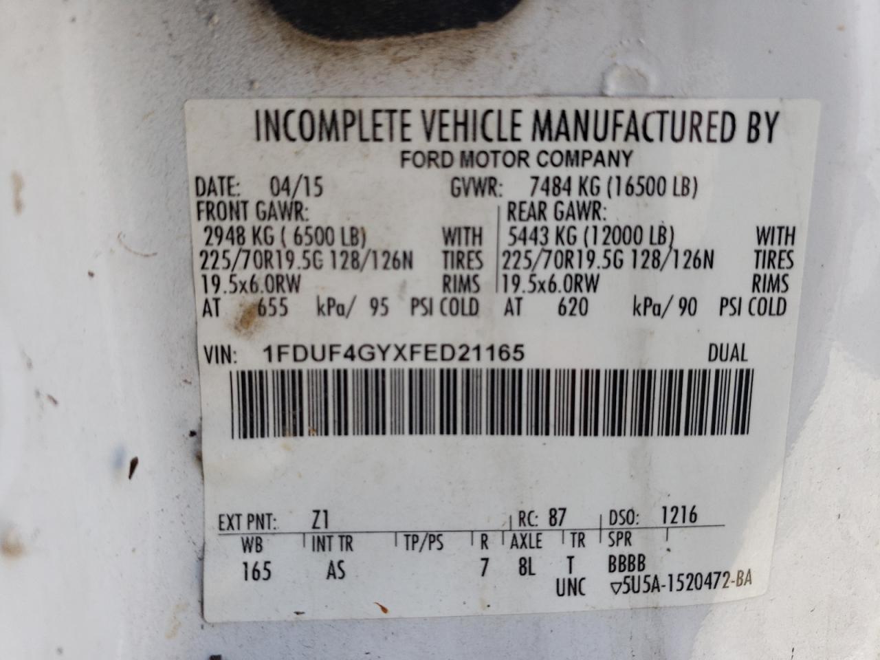 2015 Ford F450 Super Duty VIN: 1FDUF4GYXFED21165 Lot: 49861115