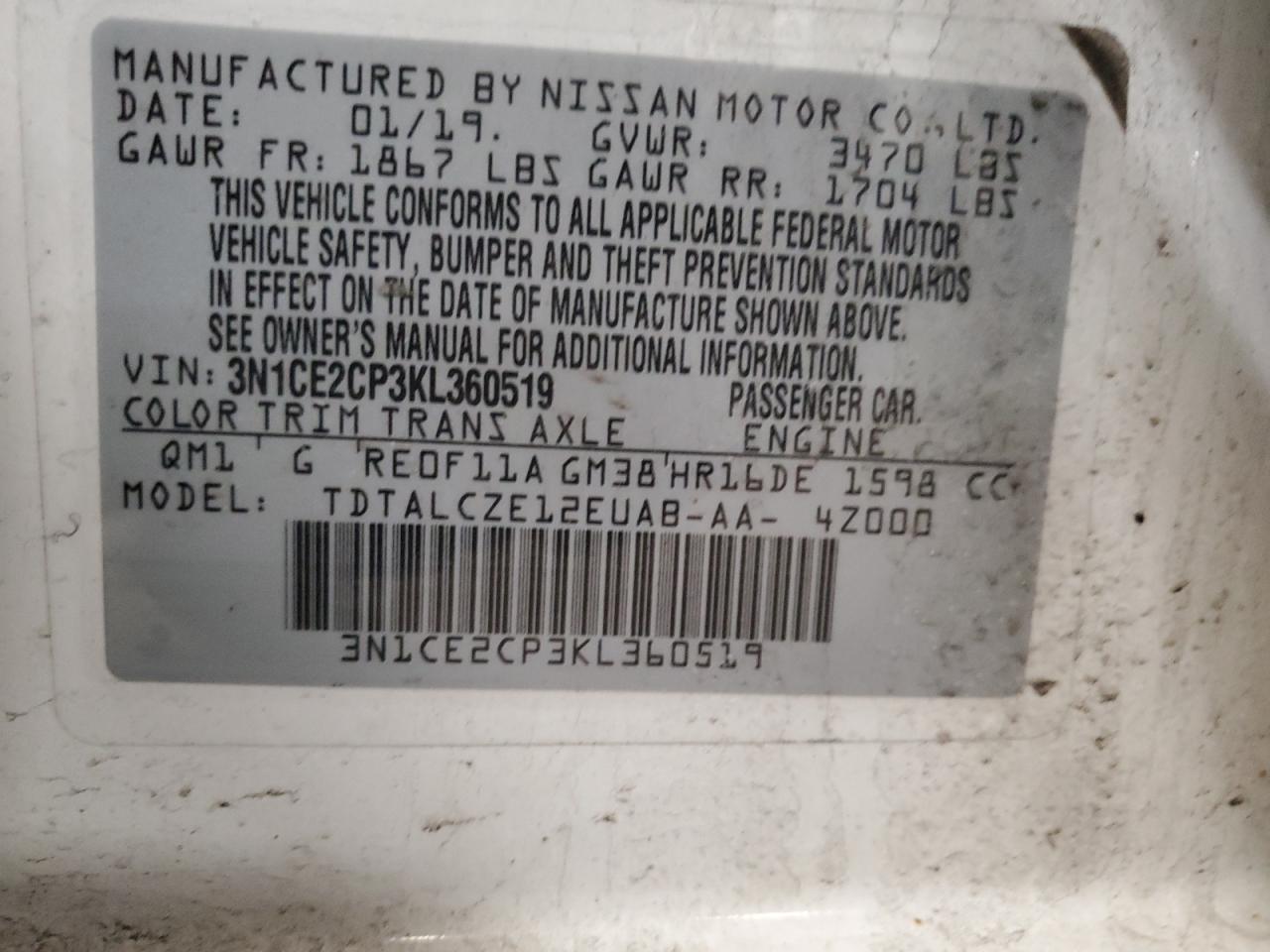3N1CE2CP3KL360519 NISSAN VERSA 2019
