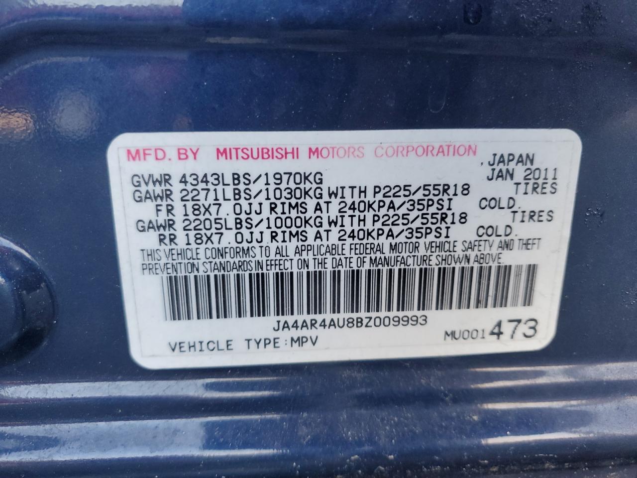 2011 Mitsubishi Outlander Sport Se VIN: JA4AR4AU8BZ009993 Lot: 50993415
