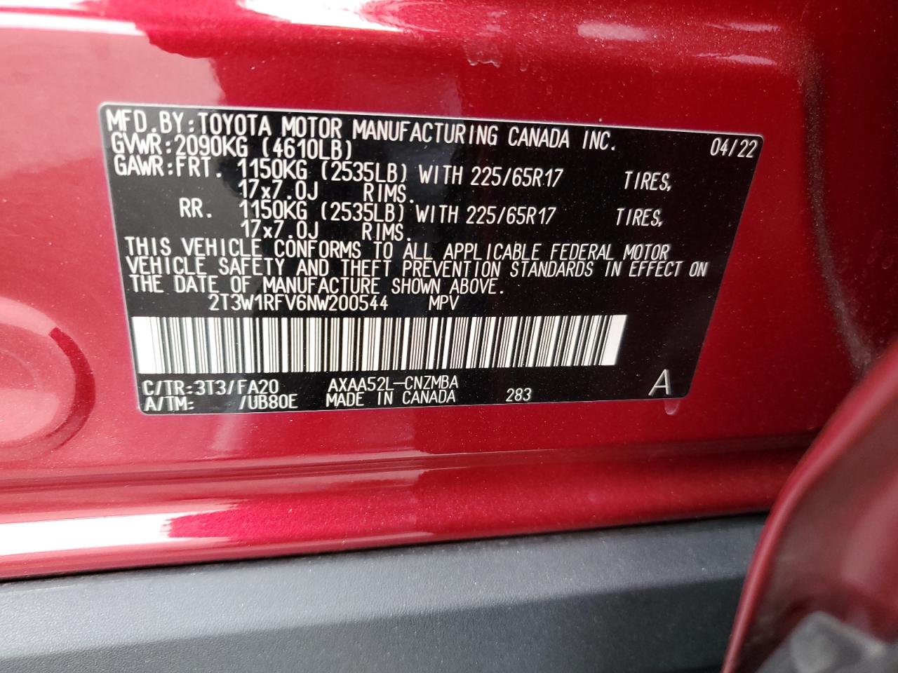 2T3W1RFV6NW200544 TOYOTA RAV4 2022