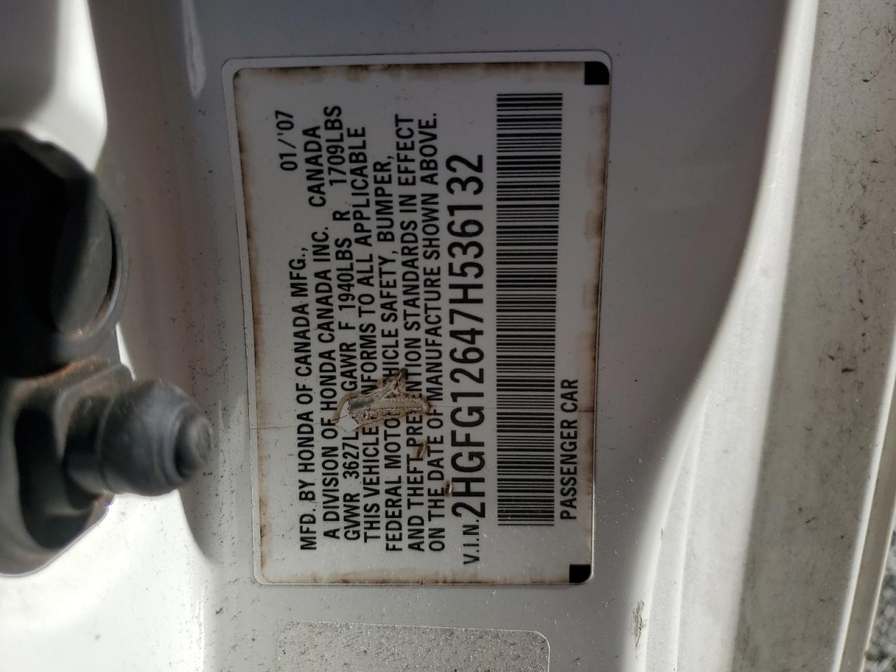 2007 Honda Civic Lx VIN: 2HGFG12647H536132 Lot: 50352145