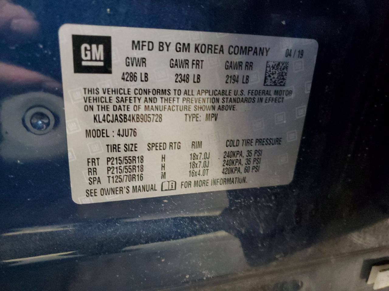 2019 Buick Encore Preferred VIN: KL4CJASB4KB905728 Lot: 48994515