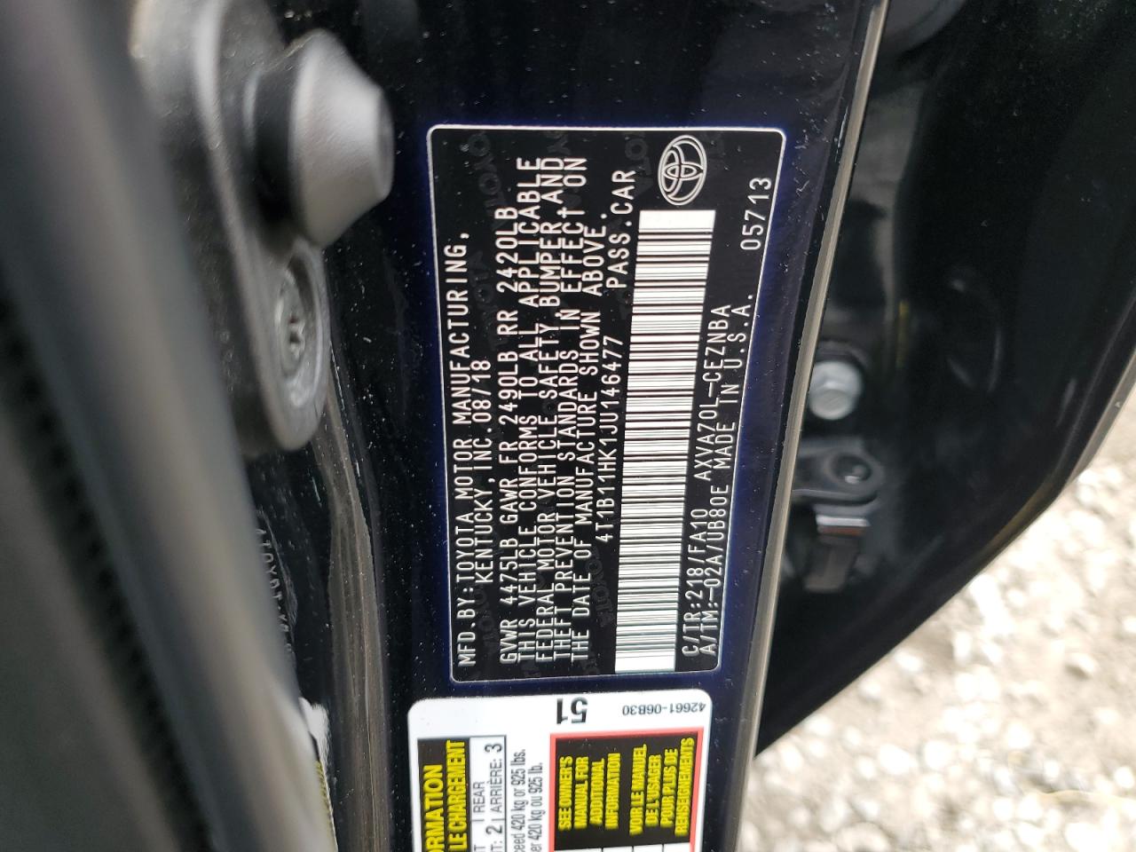 4T1B11HK1JU146477 TOYOTA CAMRY 2018