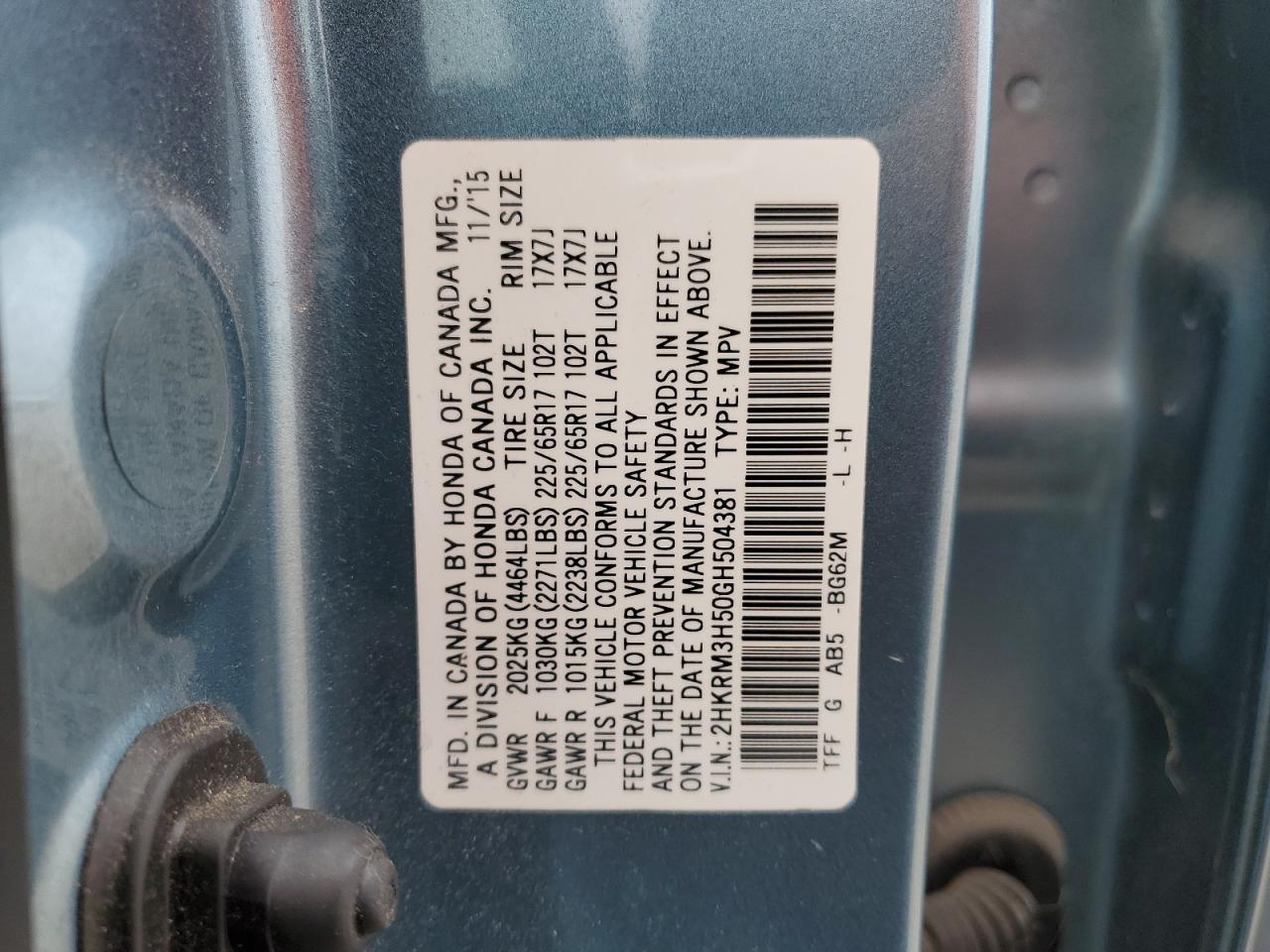 2HKRM3H50GH504381 HONDA CRV 2016