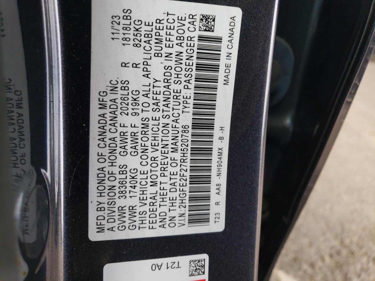 2HGFE2F27RH520786 HONDA CIVIC 2024