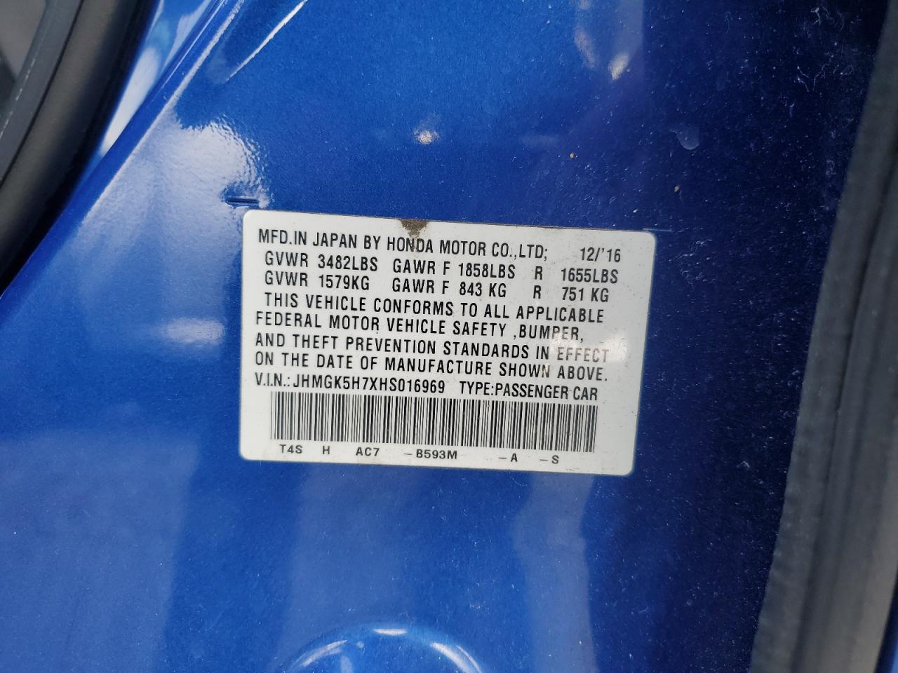 JHMGK5H7XHS016969 HONDA FIT 2017