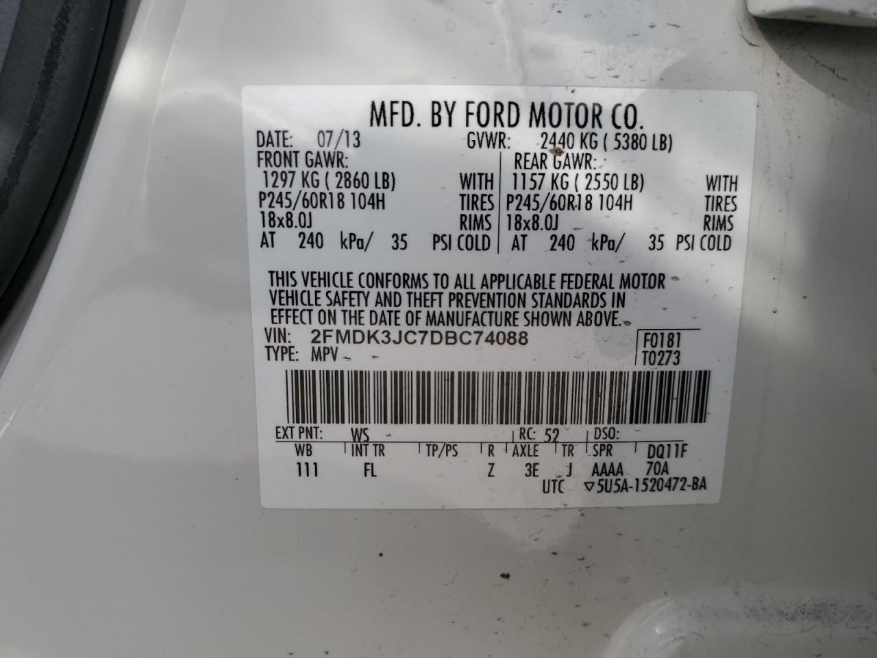 2013 Ford Edge Sel VIN: 2FMDK3JC7DBC74088 Lot: 49988485